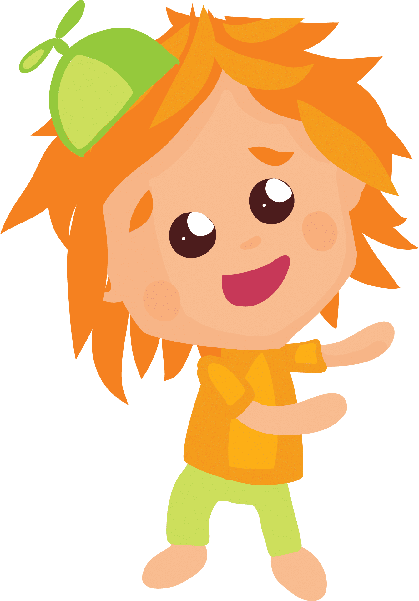 Piirustus punatukkaisesta lapsesta vihreä lakki päässä.