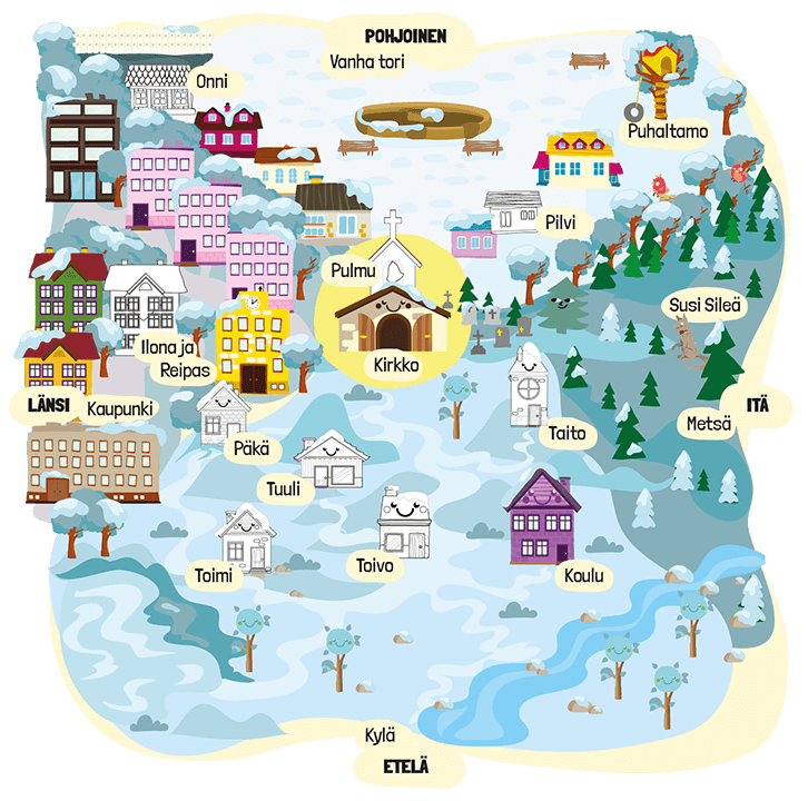 Piirustus talvisesta kartasta. Kartalla on taloja, metsä, joki ja paikkojen nimiä.