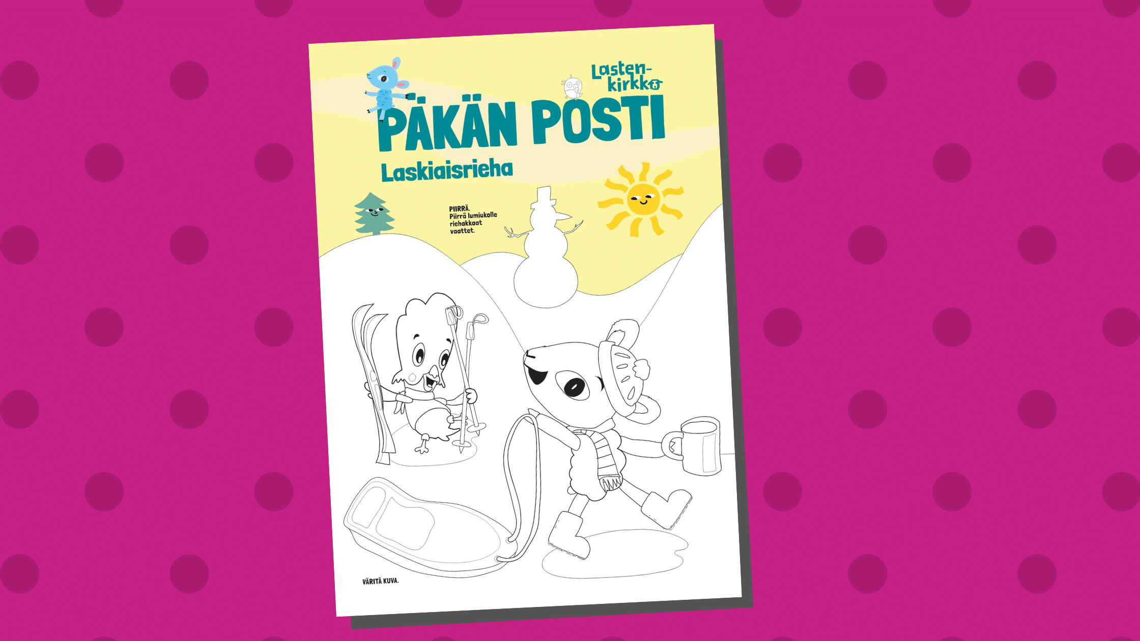 Laskiaisriehan kansikuva. Pakä ja Pulmu hiihtovarusteissa värityskuva